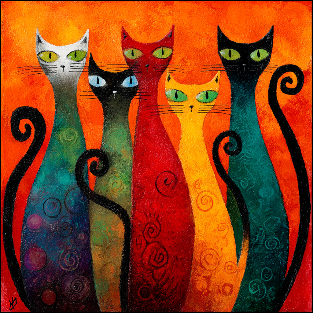Ein farbenfrohes Gemälde zeigt fünf stilisierte Katzen mit langen Körpern und großen grünen Augen auf einem leuchtend orangefarbenen Hintergrund.
