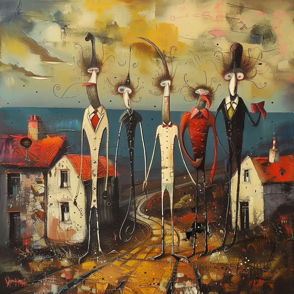 Abstrakte Figurenkunst mit fünf langgliedrigen Männern in Anzügen, vor Häusern am Meer, in humorvoller und expressiver Farbkomposition.
