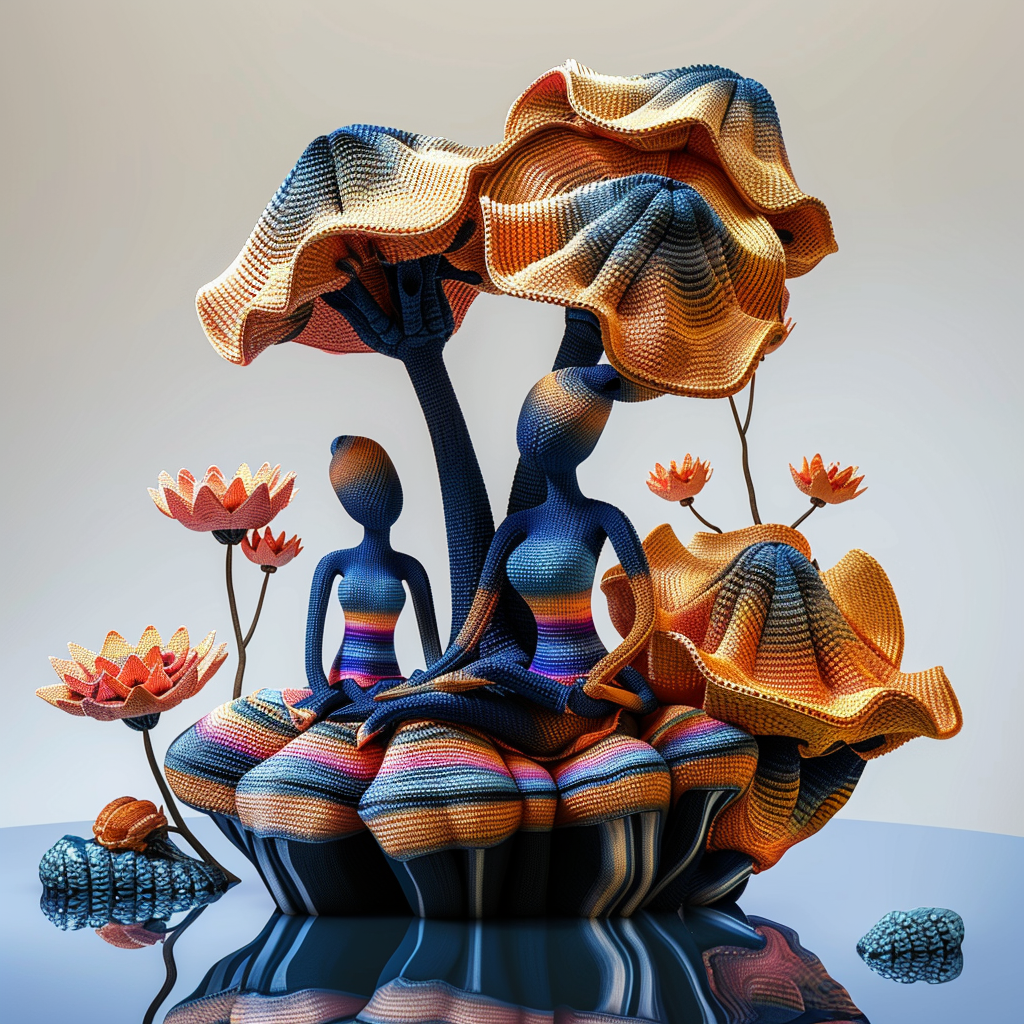 Abstrakte Figuren aus textilartigen Strukturen, sitzend unter pilzförmigen Formen in warmen Farben.
