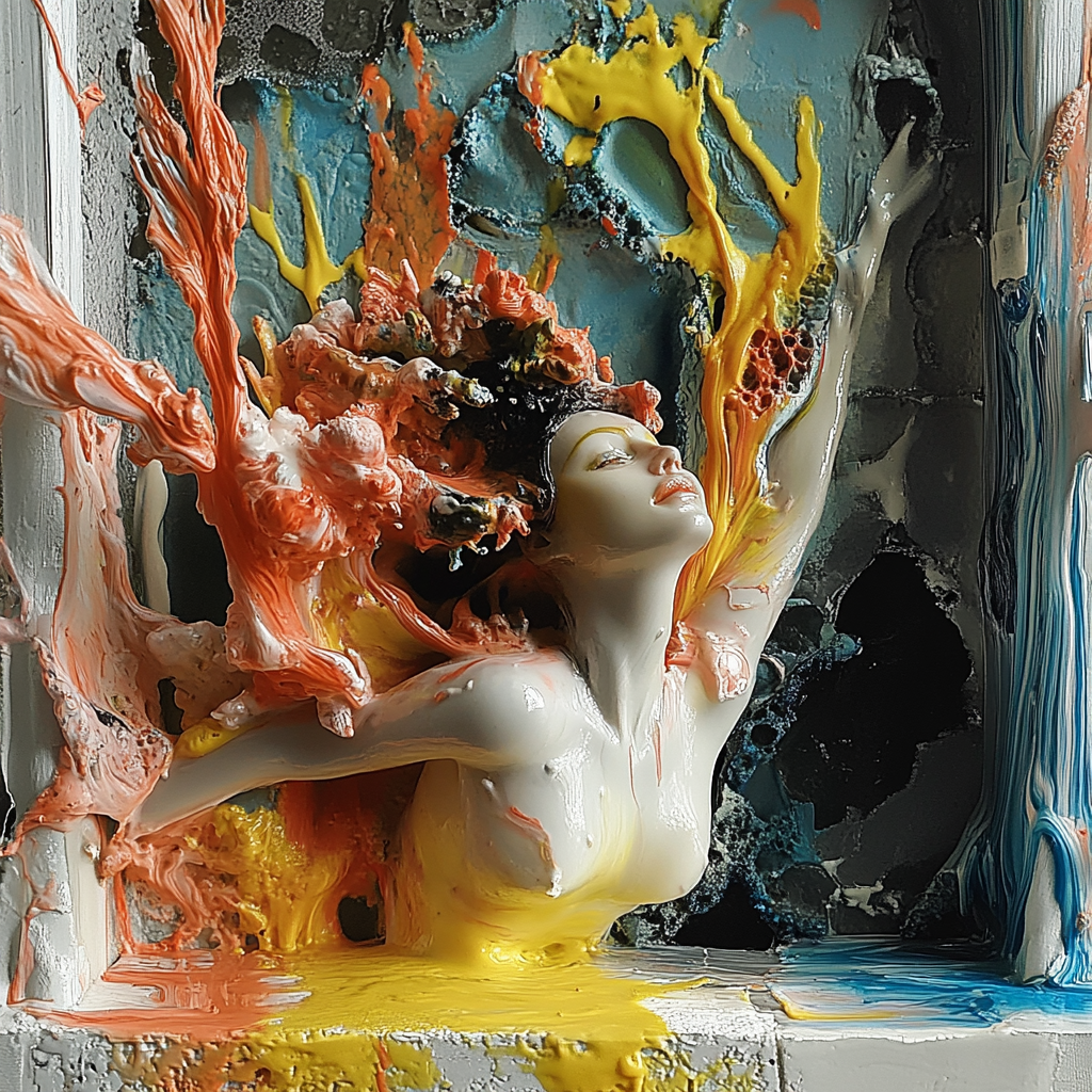 Eine weibliche Figur erhebt sich inmitten einer Explosion aus leuchtenden Farben – Gelb, Rot und Blau – in einer Szene, die zwischen Skulptur und Malerei oszilliert. Ausdruck von Energie, Transformation und Wiedergeburt.
