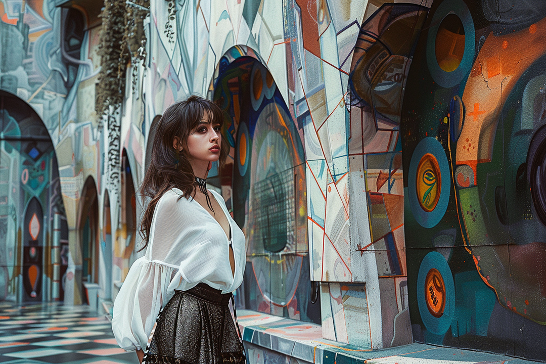 Eine Frau steht in einer kunstvoll bemalten, geometrischen Passage mit farbigen Mustern und blicken voller Nachdenklichkeit in die Ferne.
