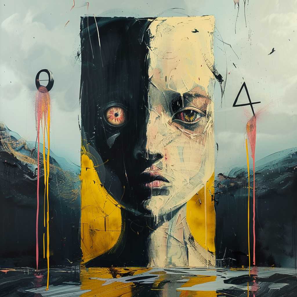 Abstraktes Porträt eines Gesichts, geteilt in eine dunkle und eine helle Seite mit intensiven, expressiven Augen und kräftigen Farbverläufen in Schwarz, Gelb und Beige.
