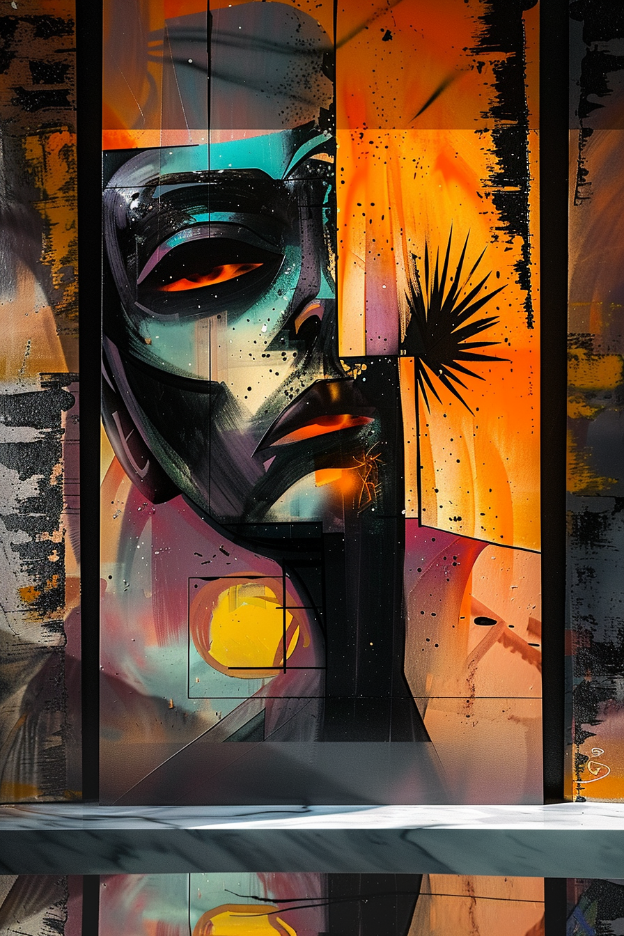 expressionistisches gesicht mit orangen und blauen lichtreflexen im urbanen stil
