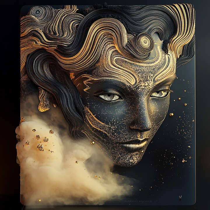 Surreales Porträt einer Frau mit schwarzer und goldener Haut, umgeben von Staub und funkelnden Partikeln – eine mystische Darstellung von Energie und Schöpfung.
