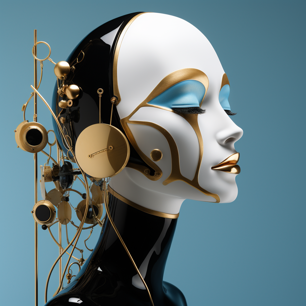 futuristisches weibliches gesicht mit goldenen elementen und blauer schminke
