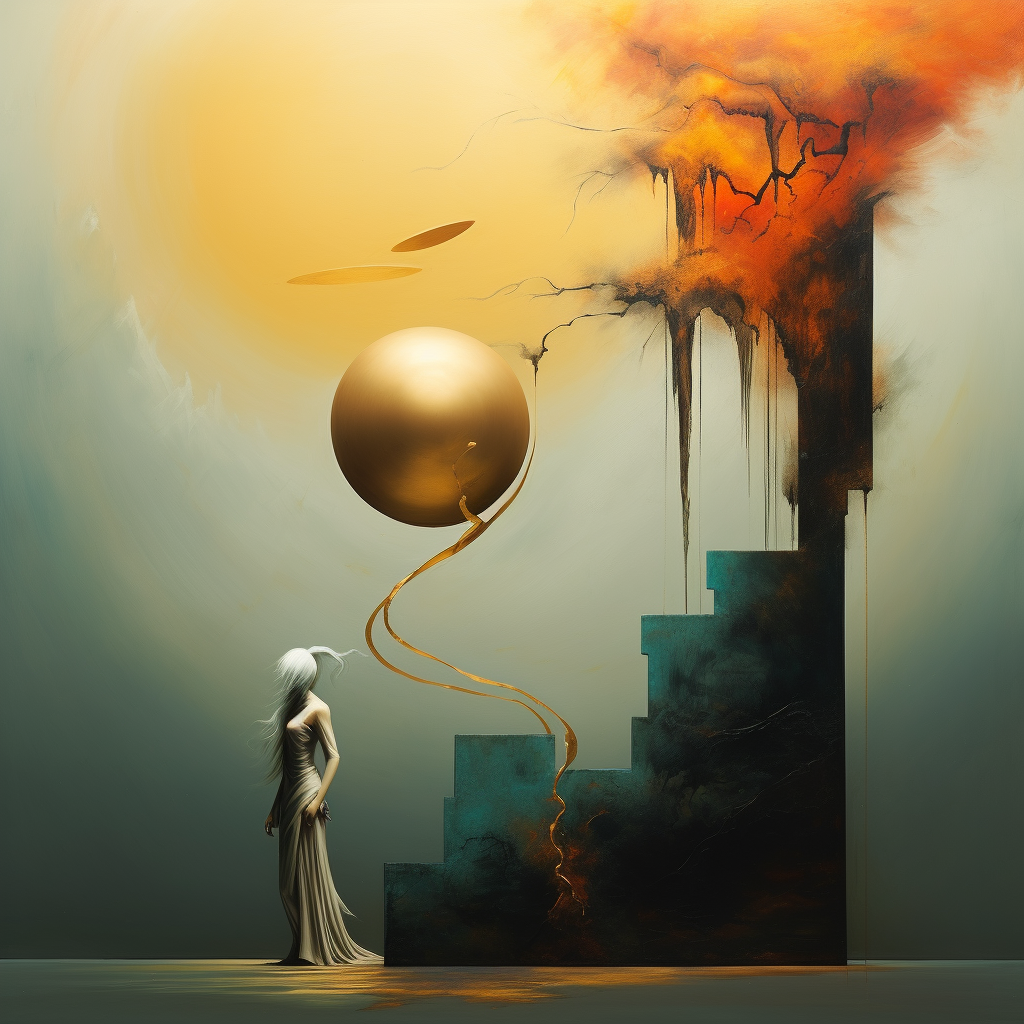 Surreale Szene mit einer Frau in einem langen Kleid, die zu einer schwebenden goldenen Kugel aufblickt, verbunden durch ein goldenes Band vor einer Treppe aus Dunkelheit und Licht.
