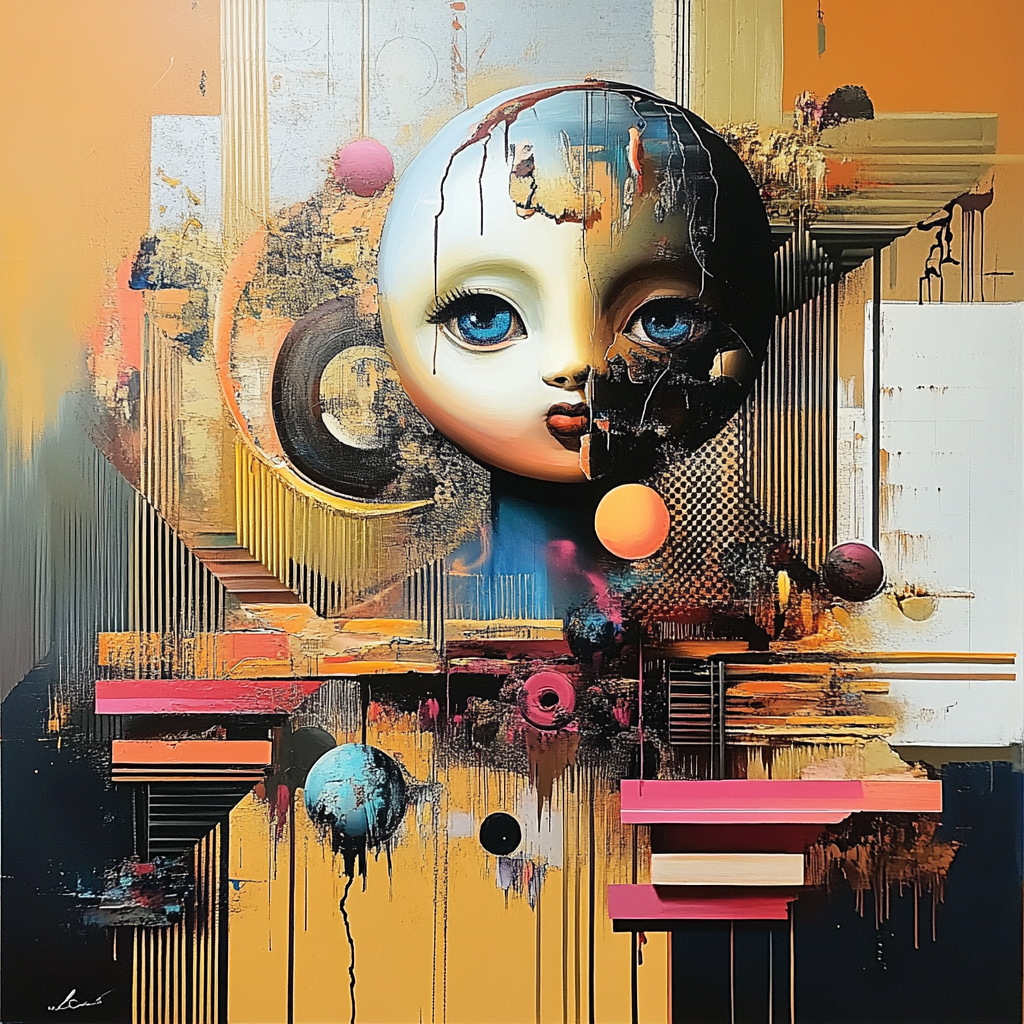 Surreales Porträt eines Puppengesichts mit großen blauen Augen, teilweise zerbrochen und umgeben von geometrischen Formen, Farbfeldern und sphärischen Elementen – ein Sinnbild für Zerfall und Wiedergeburt.
