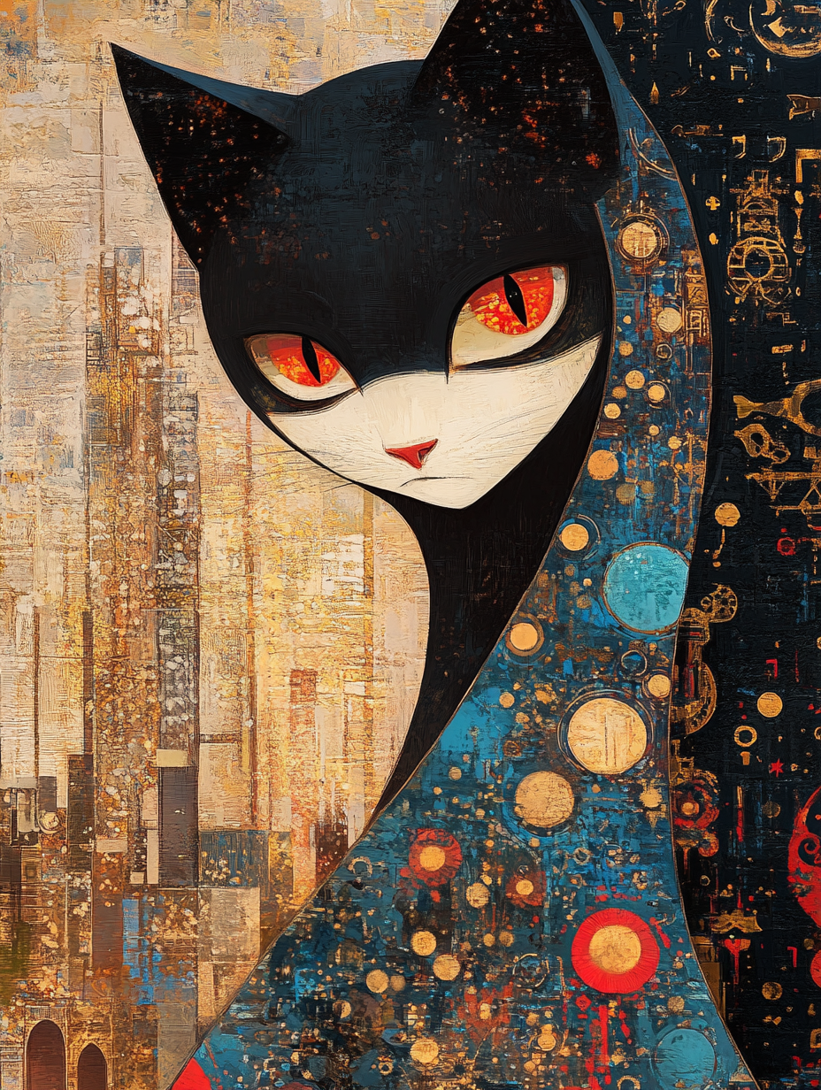 Symbolistische Darstellung einer schwarzen Katze mit goldenen und blauen Ornamenten – geheimnisvolle, leuchtende Augen und abstrakter Hintergrund.
