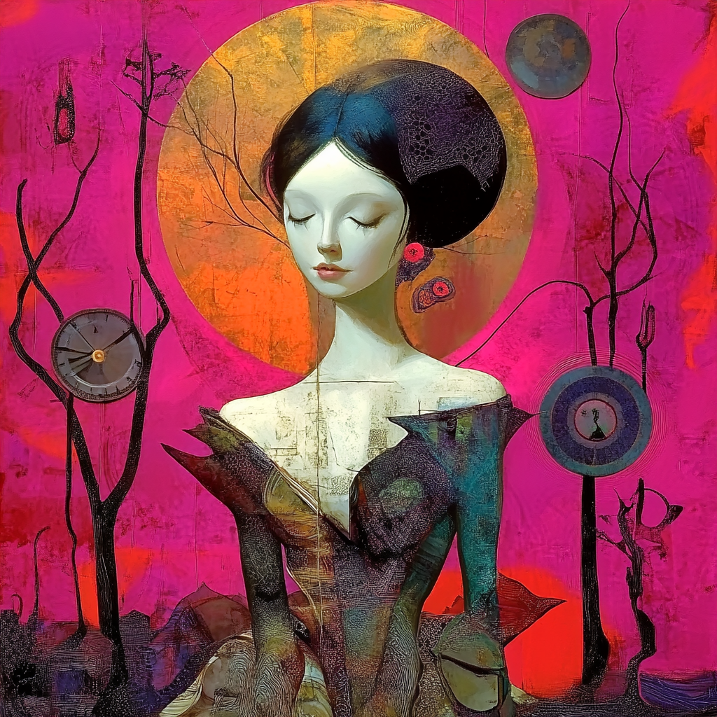 Porträt einer Frau mit geschlossenen Augen vor einem goldenen Kreis auf purpurnem Hintergrund, umgeben von abstrakten Symbolen und Uhren – ein Sinnbild für Zeit, Erinnerung und innere Ruhe.
