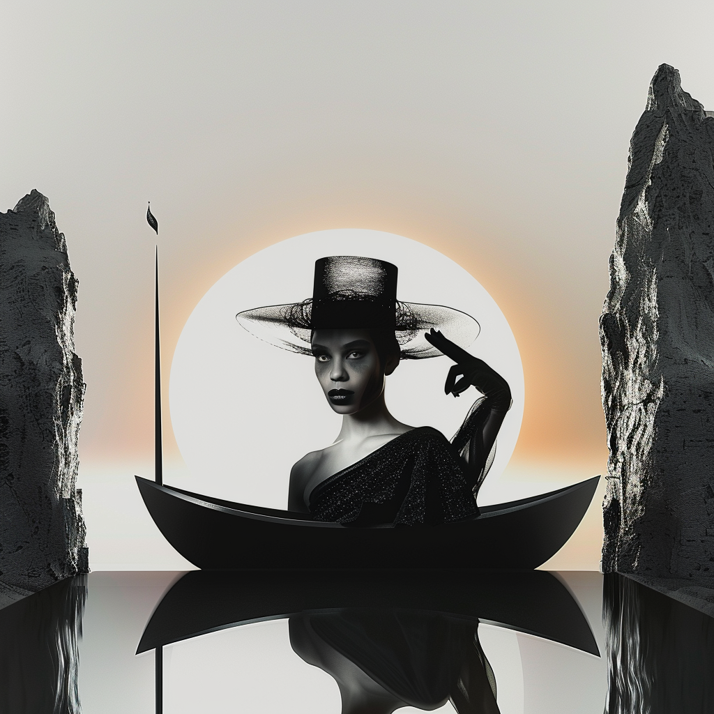 Monochromes surrealistisches Porträt einer Frau in einem Boot zwischen Felsen, mit Hut und dramatischem Licht vor einem riesigen Sonnenuntergang.
