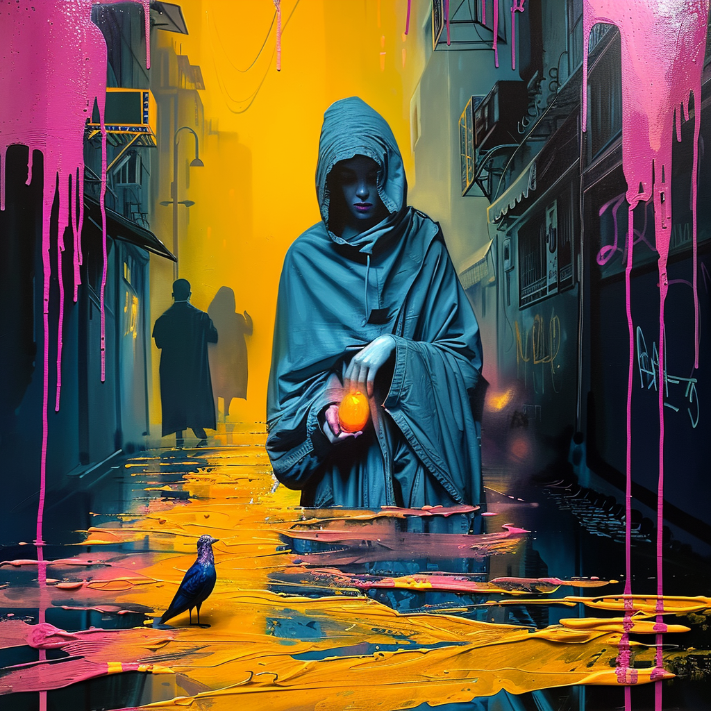Eine in dunklen Stoff gehüllte Gestalt steht in einer surrealen, von Neonfarben beleuchteten Gasse. Sie hält ein leuchtendes, orangefarbenes Licht in den Händen, während ein Vogel auf dem Boden sitzt und sie beobachtet.
