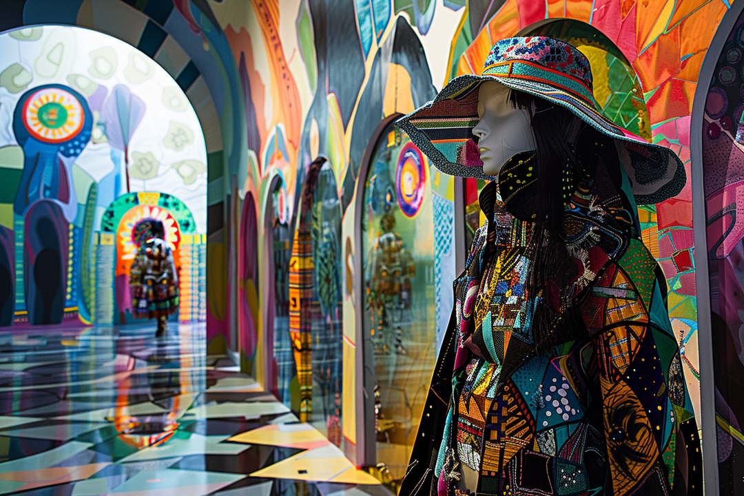 Eine Figur mit großem Hut und farbenreich gemustertem Mantel steht in einem labyrinthartigen Raum aus bunten Bögen und Spiegeln. In der Ferne ist eine zweite, ähnlich gekleidete Gestalt zu sehen.
