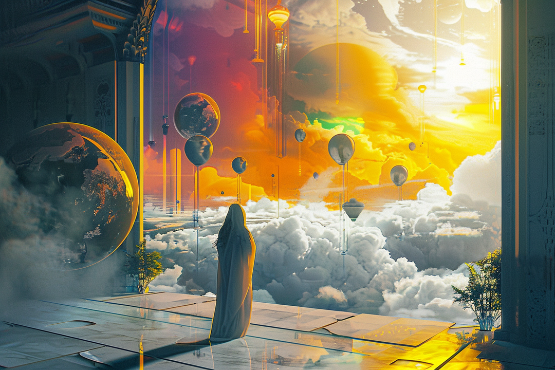 Eine verhüllte Figur steht auf einer Plattform über den Wolken und blickt in einen goldenen, von schwebenden Sphären erfüllten Himmel voller Licht, Nebel und geometrischer Formen; eine Szene zwischen Traum, Architektur und Transzendenz.
