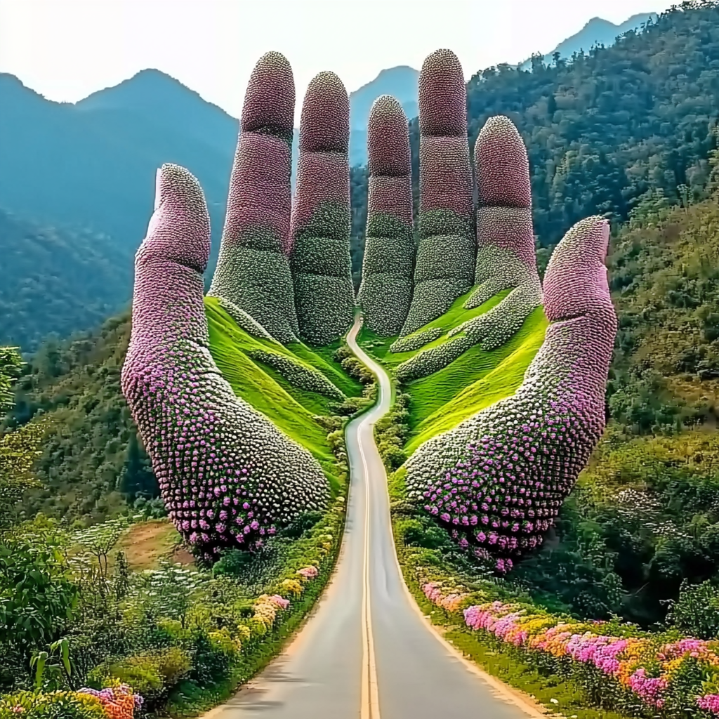 Surreale Landschaft mit einer riesigen, aus Blumen geformten Hand, durch die eine Straße führt – Symbol für Harmonie zwischen Mensch und Natur.
