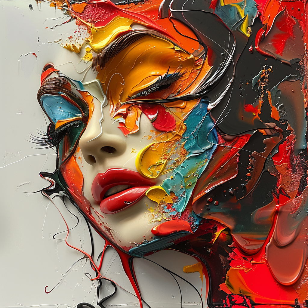 Abstraktes Porträt einer Frau in kräftigen, fließenden Farben – Rot, Gelb, Blau und Schwarz verschmelzen zu einer expressiven, sinnlichen Komposition.
