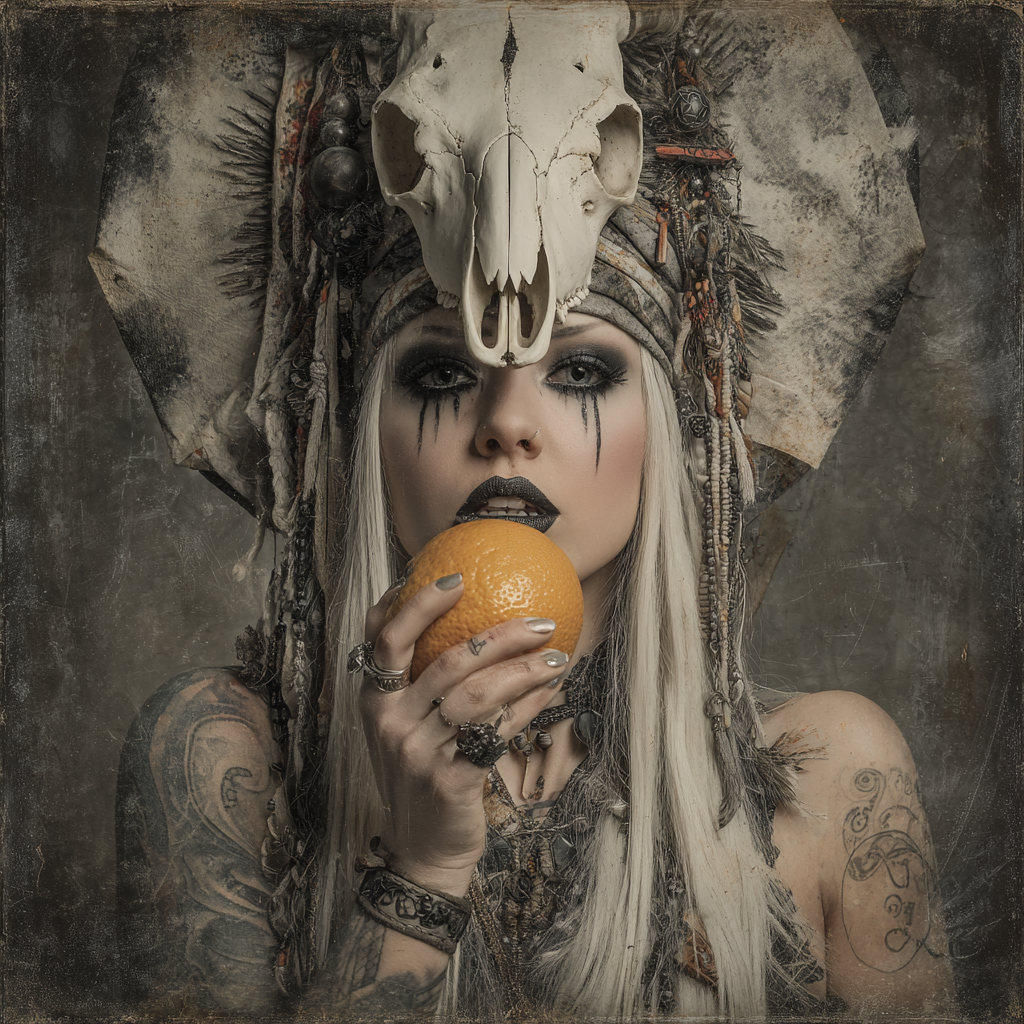 Eine Frau mit aufwendigem Kopfschmuck aus Knochen und Federn hält eine Orange in den Händen und blickt direkt in die Kamera, mit dunklem Make-up und rituellem Schmuck.
