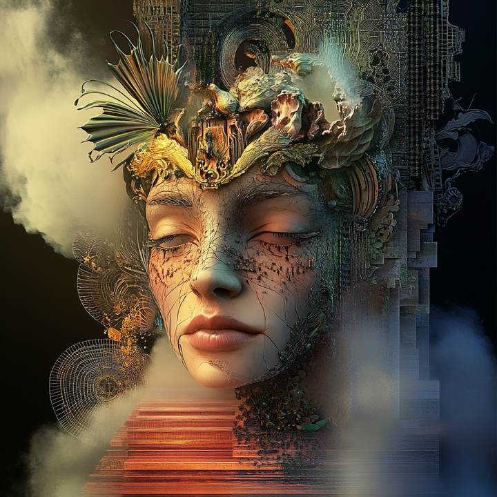 Surreales Porträt einer Frau mit geschlossenen Augen, deren Gesicht aus Stein, Metall und organischen Strukturen besteht – eine symbolische Darstellung von Erinnerung und Zeit.
