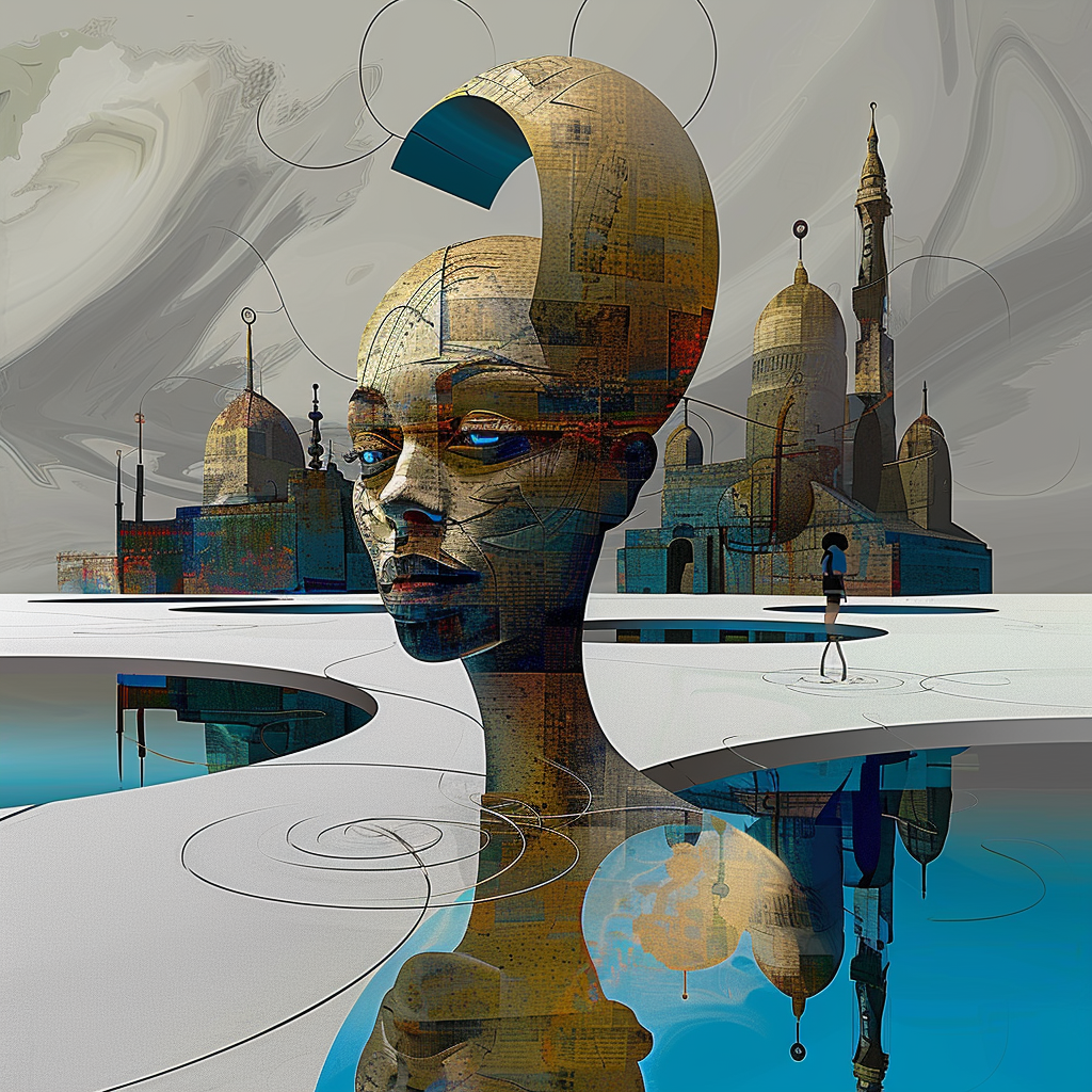 surrealistische figur mit geöffnetem kopf vor architektonischer landschaft
