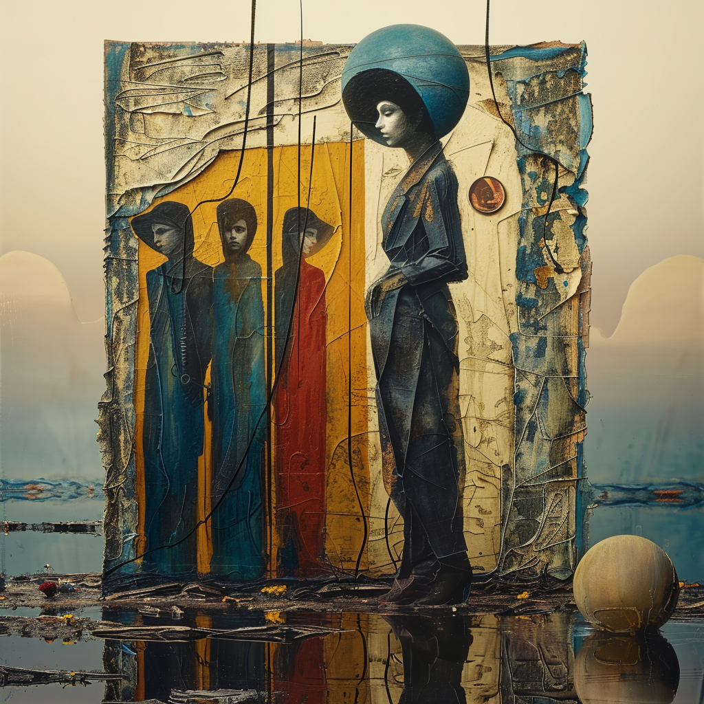 symbolische figurenkunst mit frau in blau und mehreren schattenhaften gestalten auf strukturierter fläche
