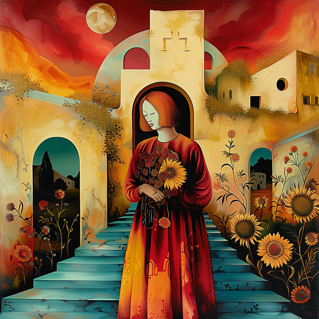 Symbolisches Gemälde einer Frau mit roten Haaren und Sonnenblumen in den Händen. Sie steht auf blauen Stufen vor goldenen Gebäuden und einem rötlich leuchtenden Himmel – eine ruhige, träumerische Komposition voller Wärme und Symbolik.
