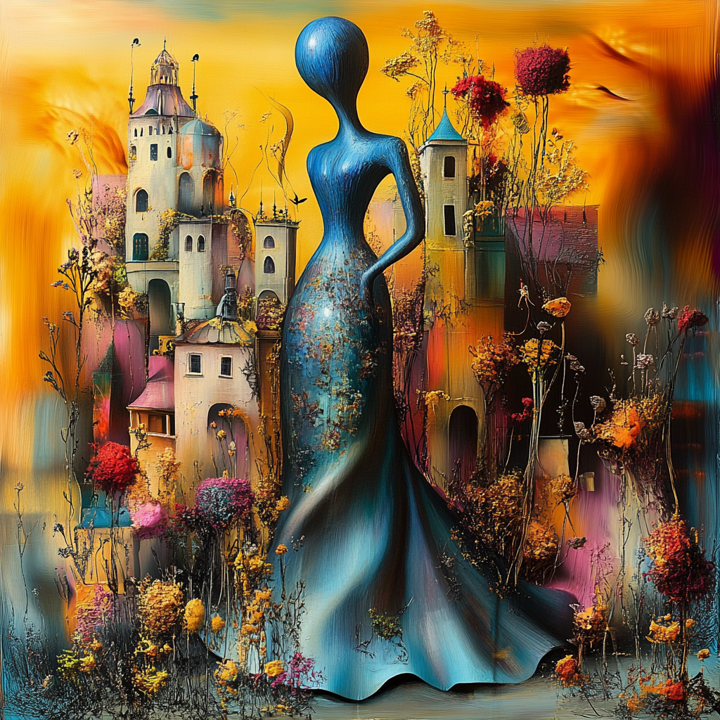 Surreale Darstellung einer hohen blauen Figur inmitten einer farbenreichen Stadtlandschaft – eine Wächterin zwischen Architektur und Natur im goldenen Licht.
