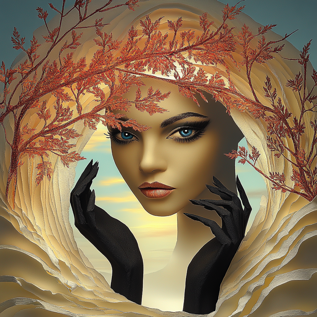 Porträt einer Frau mit goldener Haut, schwarzen Händen und roten Zweigen im surrealen Stil
