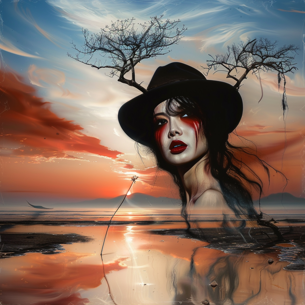 Surreales Porträt einer Frau mit schwarzem Hut und roten Gesichtslinien, aus deren Kopf Bäume wachsen, vor einem Sonnenuntergang.
