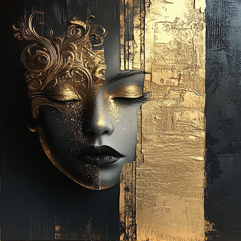 Surreales Porträt einer Frau mit geschlossenen Augen, deren Gesicht aus Schwarz und Gold besteht – ein Sinnbild für Dualität, Schönheit und innere Balance.
