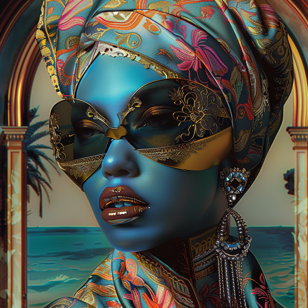 Porträt einer stilisierten Frau mit blauer Haut, goldverzierter Brille, kunstvollem Kopftuch und opulentem Schmuck vor einem exotischen Hintergrund.
