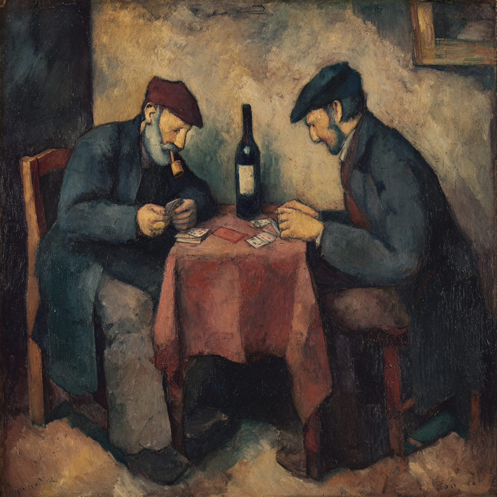 Zwei Männer sitzen an einem kleinen Tisch und spielen Karten, umgeben von
erdigen Farben und einfacher, postimpressionistischer Form.
