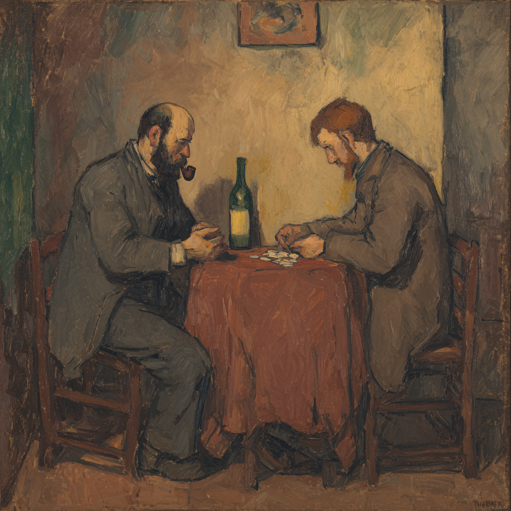 Gemälde zweier Männer, die an einem Tisch Karten spielen, mit einer Flasche Wein in der Mitte – impressionistische Darstellung alltäglicher Ruhe und Konzentration.
