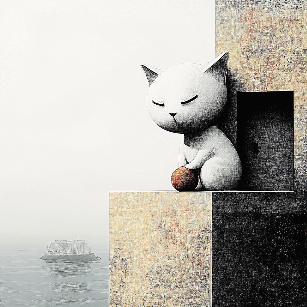 Eine stilisierte weiße Katze sitzt mit geschlossenen Augen auf einer Gebäudekante über einem stillen Meer, eine kleine Kugel in den Pfoten haltend. In der Ferne ist eine einsame Insel zu sehen – Symbol für Ruhe und Einsamkeit.
