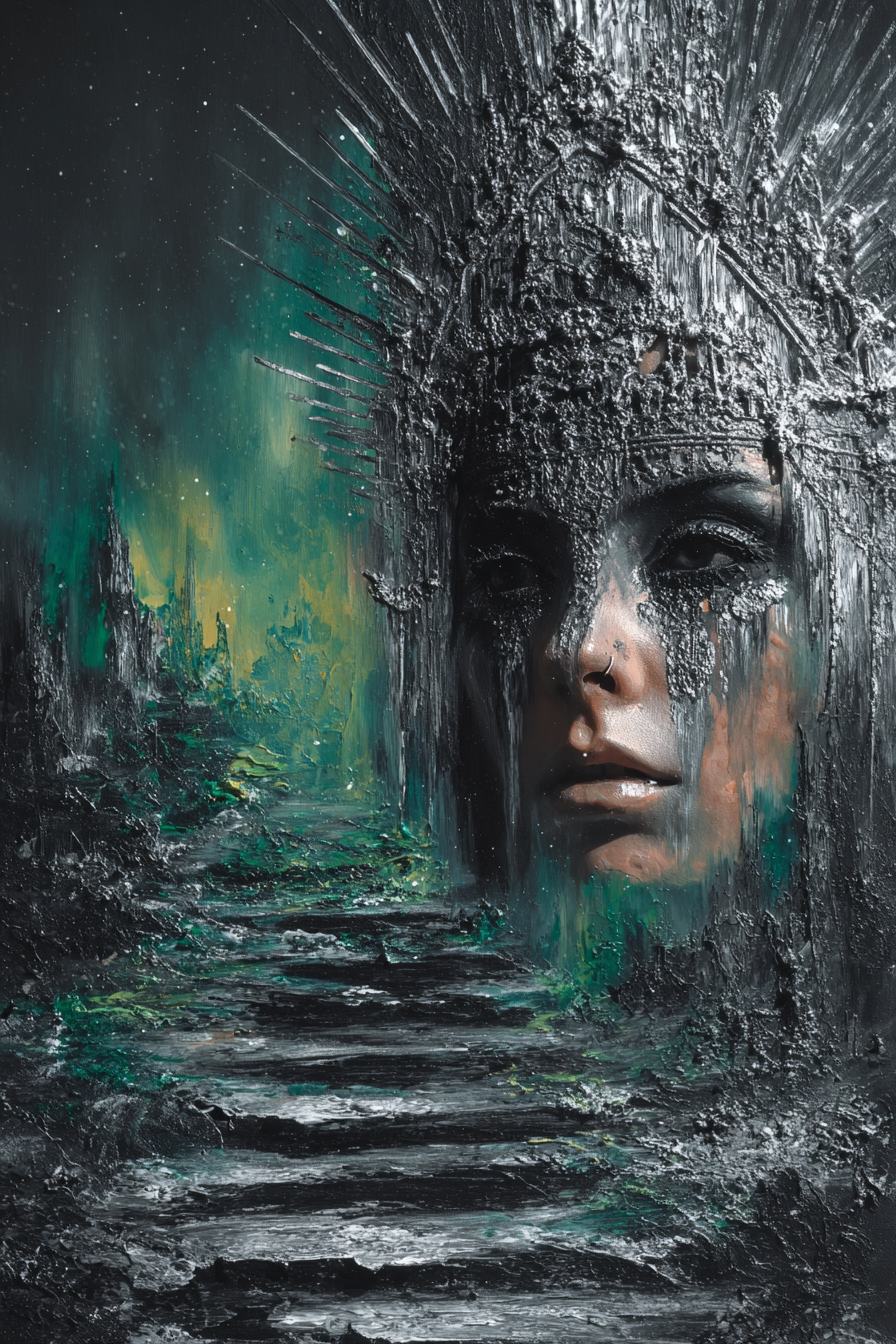 abstraktes portrait einer frau mit silberner krone und dunklem hintergrund
