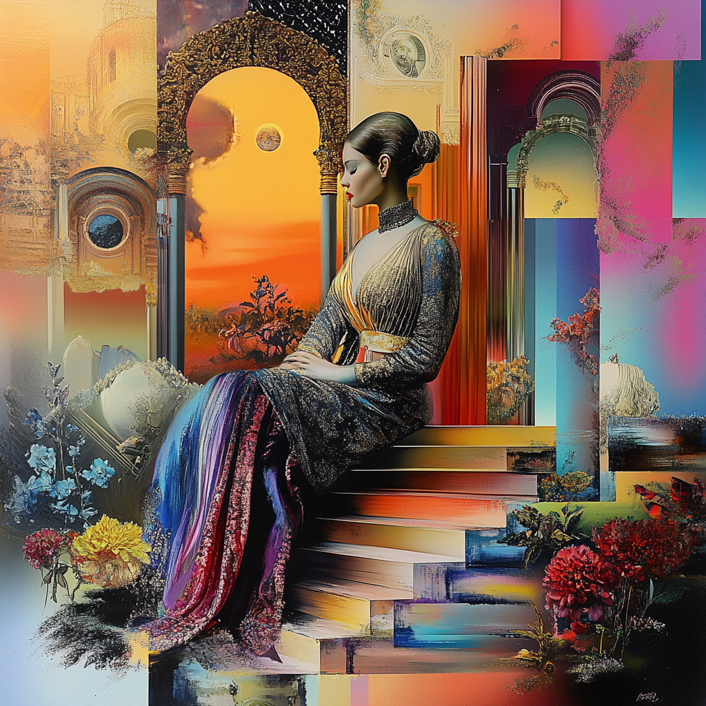 frau in prächtigem kleid auf farbenfrohen stufen vor bogenarchitektur im sonnenuntergang
