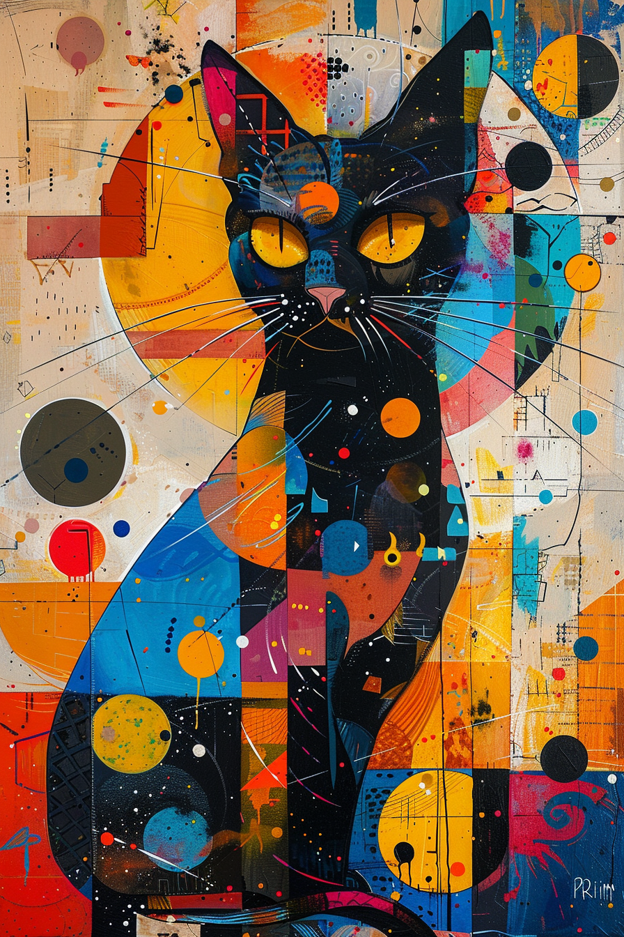 Buntes abstraktes Gemälde einer schwarzen Katze mit goldenen Augen in geometrischer und kosmischer Komposition.

