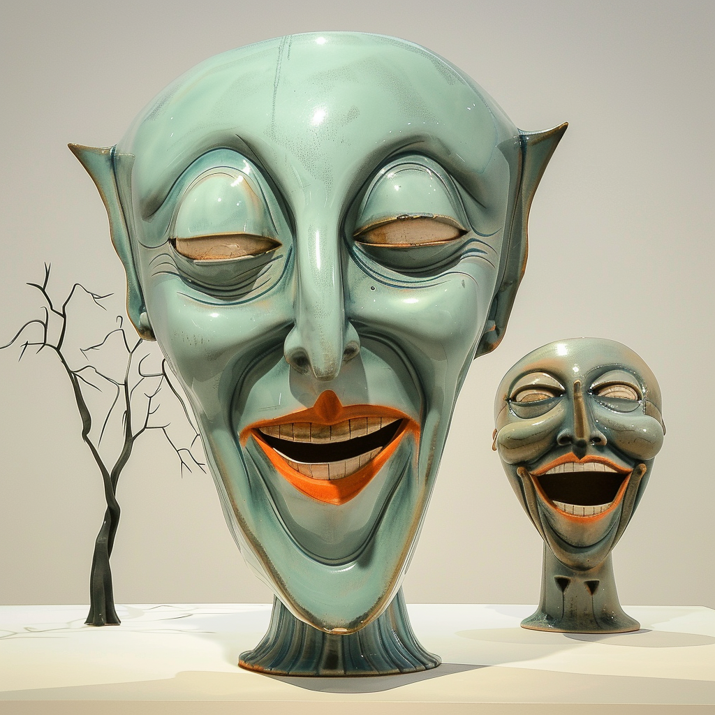 Zwei große, grünlich-blaue Skulpturen mit grotesk lachenden Gesichtern vor hellem Hintergrund, daneben ein kahler Ast.
