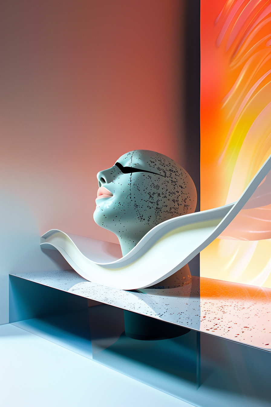 moderne skulptur eines kopfes mit lichtreflexionen in sanften farben
