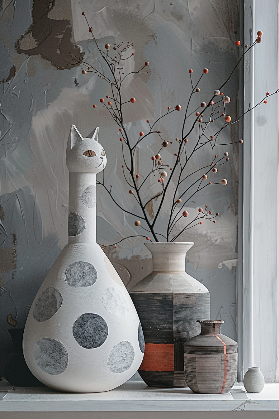 keramikfigur in katzenform mit punkten, moderne vasen, minimalistisches stillleben in grautönen
