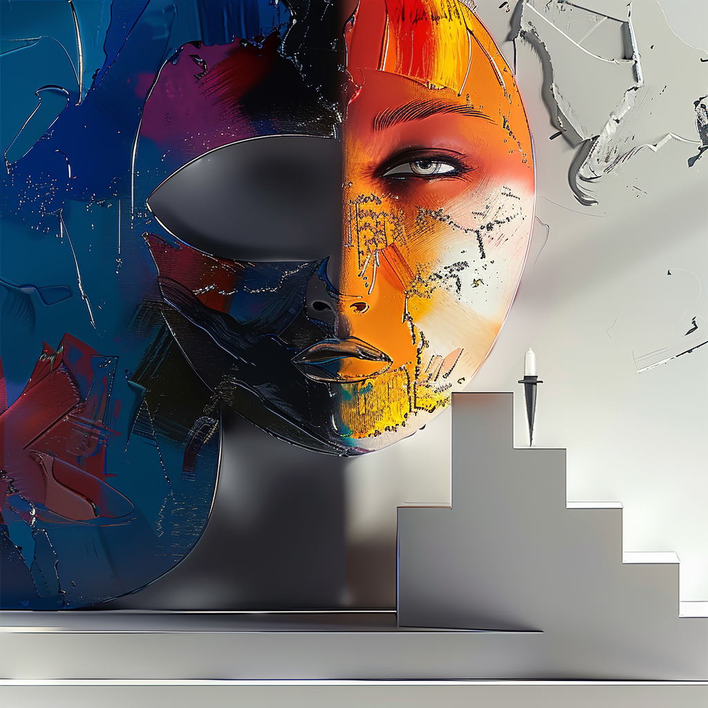 halbmaske mit gesicht in blauen und orangefarbenen strukturen neben kerze
