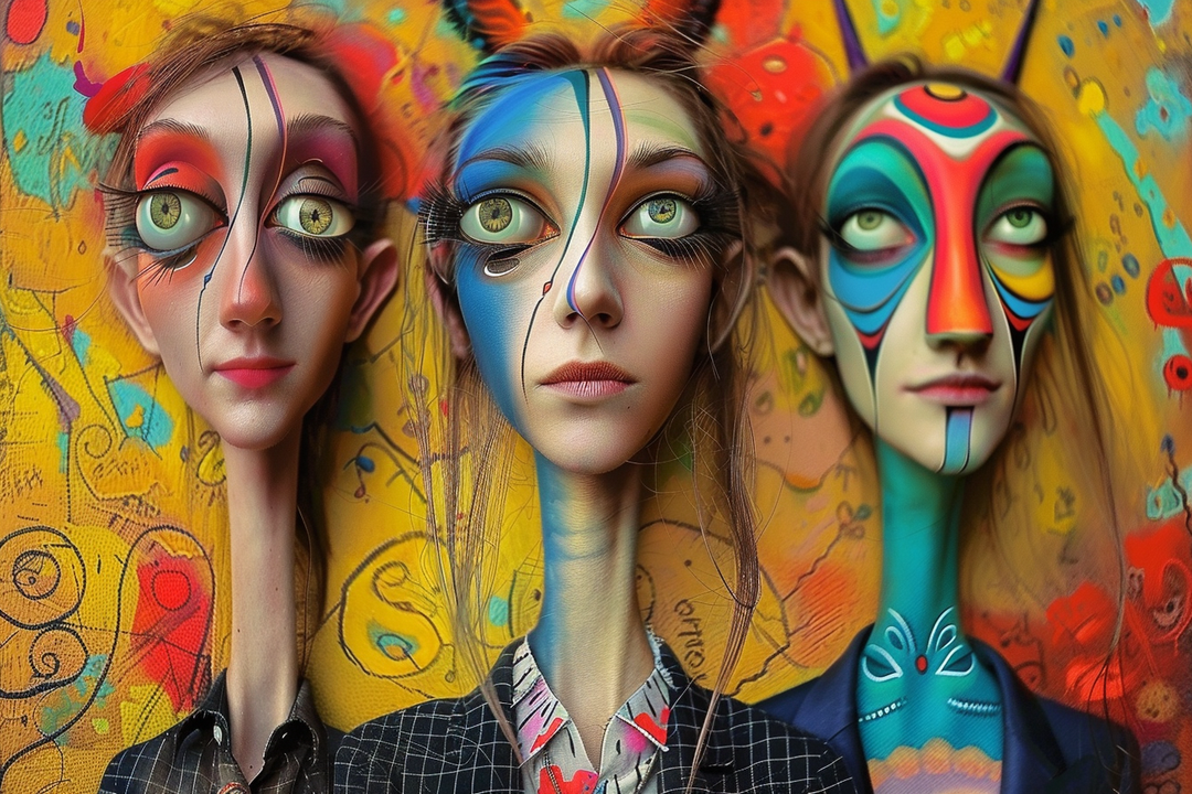 Drei stilisierte Gesichter mit übergroßen Augen, bemalten Hautmustern und leuchtenden Farben vor einem gelb-orangen Hintergrund; eine surreale Darstellung zwischen Traum, Identität und Maskierung.
