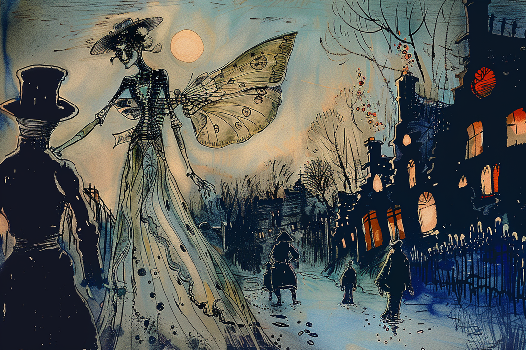 Digitale Illustration in Tinten- und Aquarelloptik: Eine hohe, elegante Frau mit Flügeln einer Motte und Hut steht unter dem Mond einer viktorianisch anmutenden Stadt. Auf der Straße gehen Schattenfiguren, die Häuser leuchten in warmem Orange. Stimmungsvoll, mystisch, surreal.
