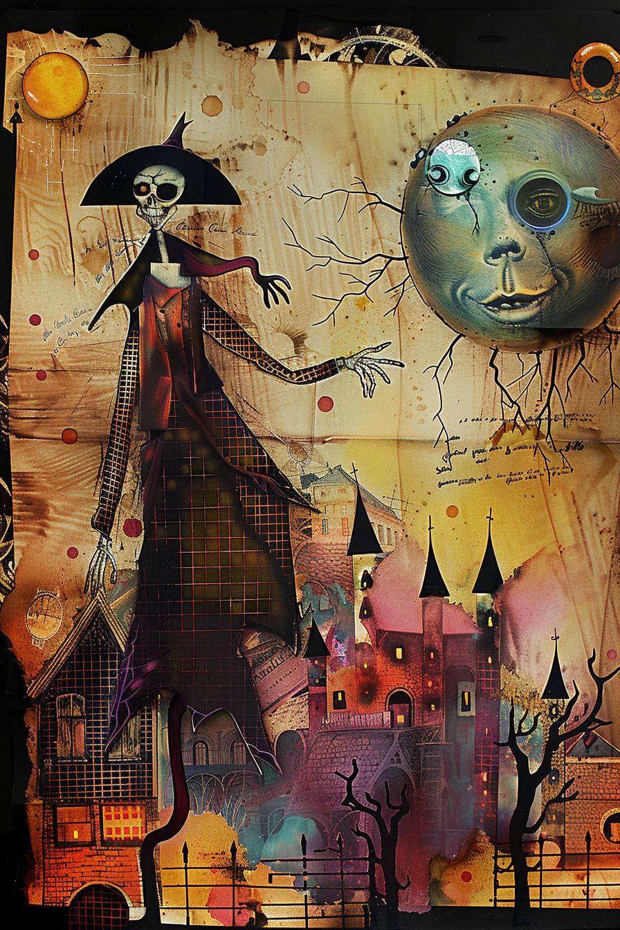 skelettfigur mit hut vor schloss und mondgesicht
