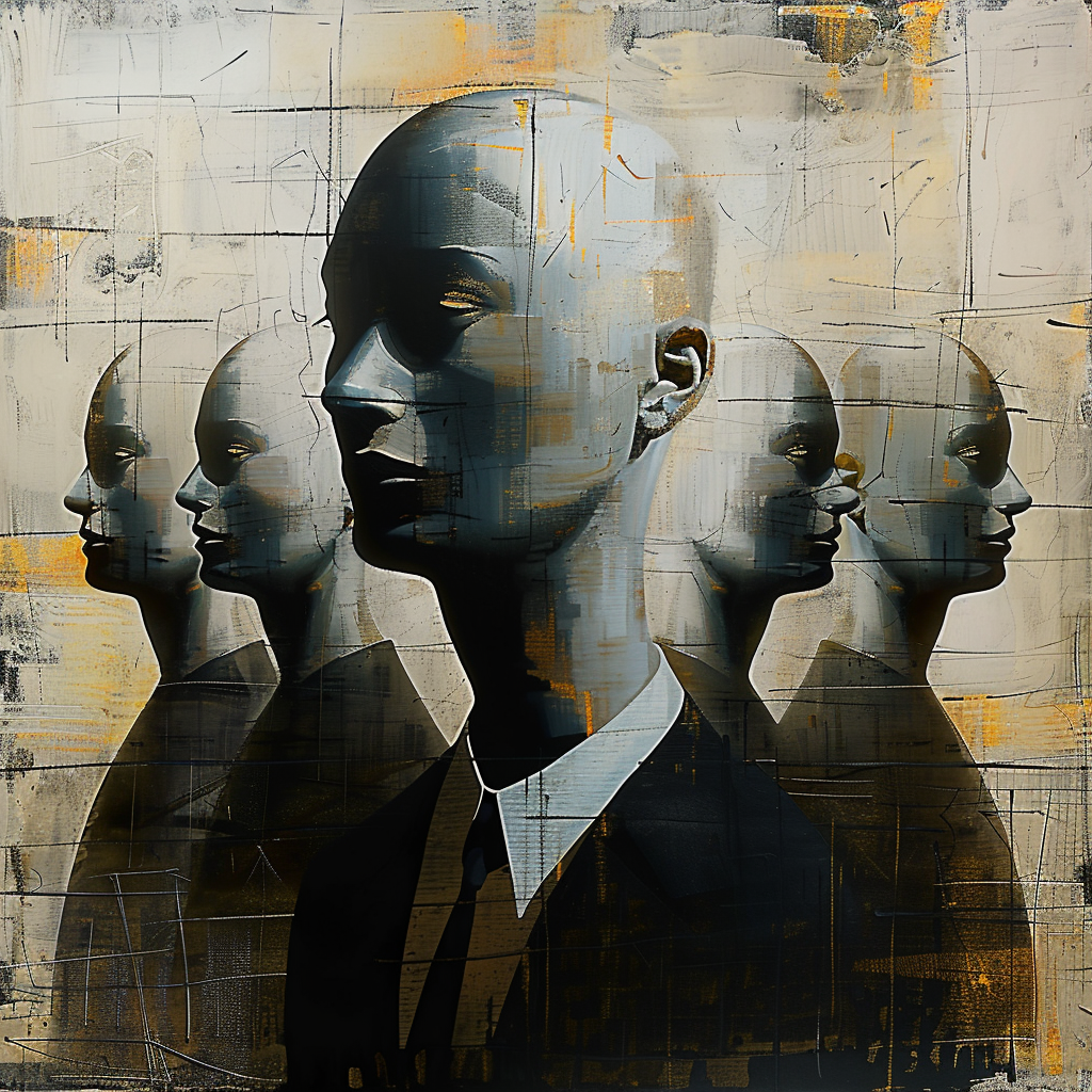 reihe von gesichtslosen figuren in anzügen in düsterer atmosphäre
