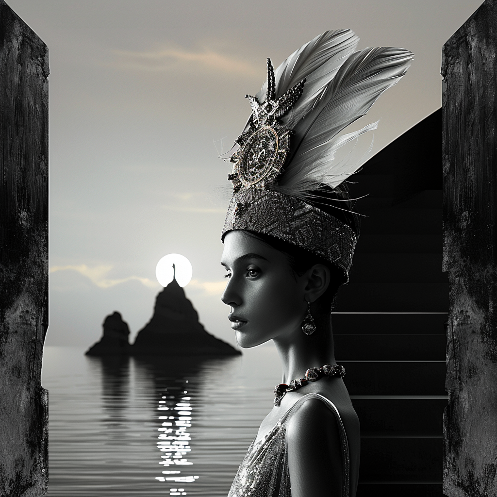 Monochromes Porträt einer Frau mit kunstvoller Kopfbedeckung aus Federn und Schmuck, vor einem mystischen Sonnenuntergang über dem Meer.
