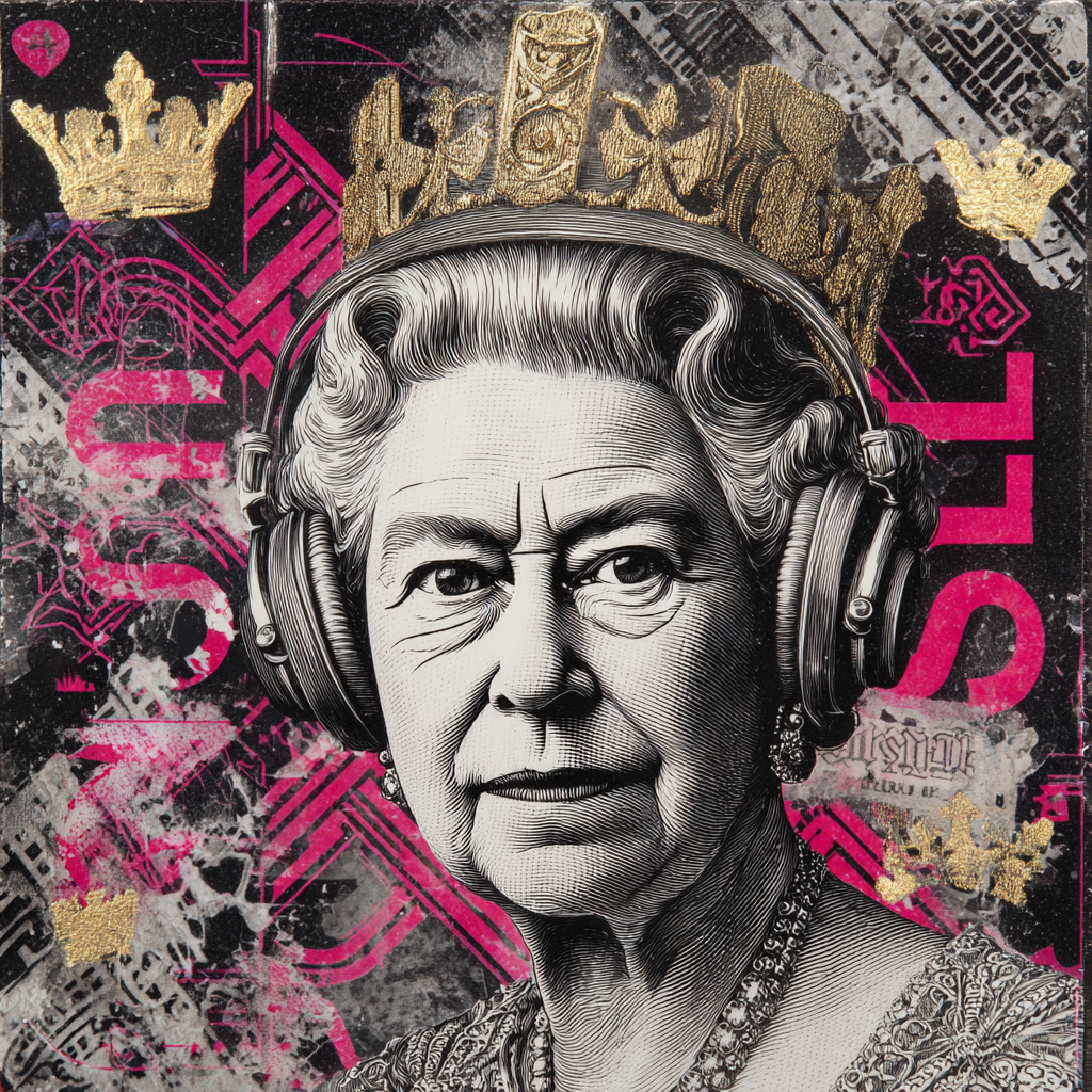 Ein Porträt einer älteren Frau mit Krone und großen Kopfhörern, dargestellt im Street-Art-Stil mit goldenen und pinkfarbenen Akzenten.
