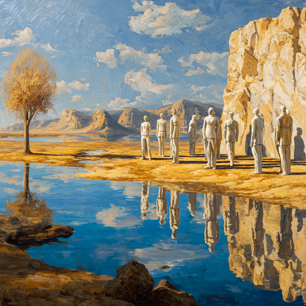 Surrealistische Landschaft mit weißen Figuren am Ufer eines spiegelnden Sees, Felsen und Baum im Hintergrund – Sinnbild für Stille, Reflexion und Ewigkeit.
