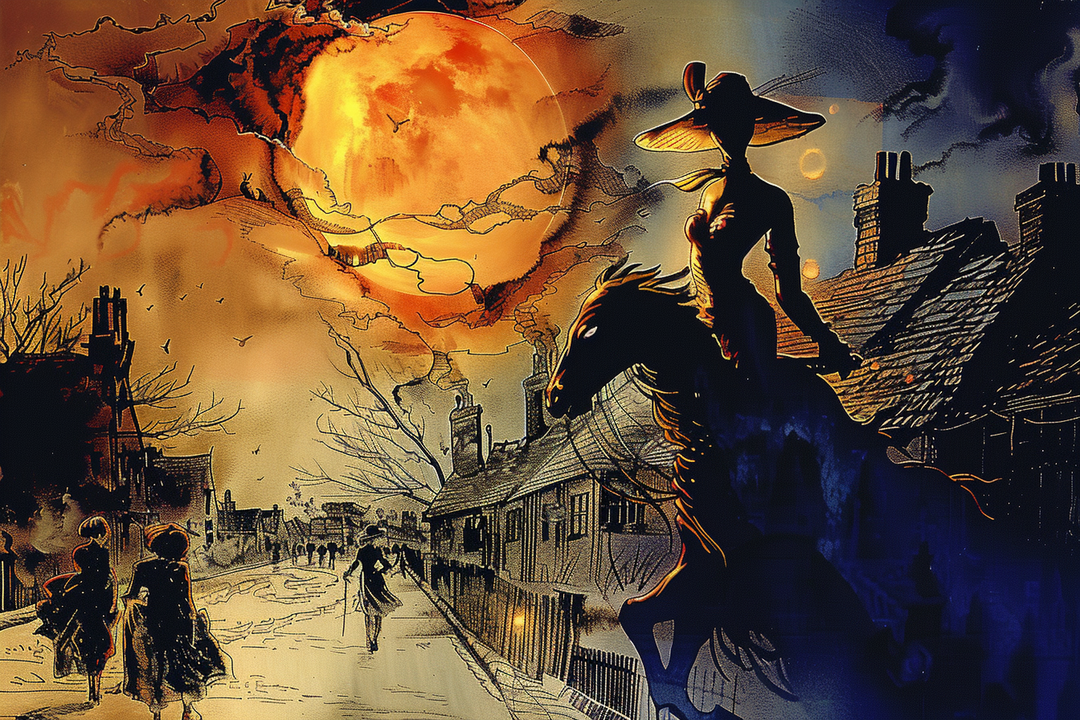 Digitale Illustration in warmen Orange- und Blautönen: Eine Frau mit Hut reitet auf einem Pferd durch eine altmodische Stadt. Über ihr leuchtet ein gewaltiger, glutroter Mond am dramatisch verhangenen Himmel. Figuren gehen in der Ferne durch die Straßen. Stimmungsvoll und geheimnisvoll.
