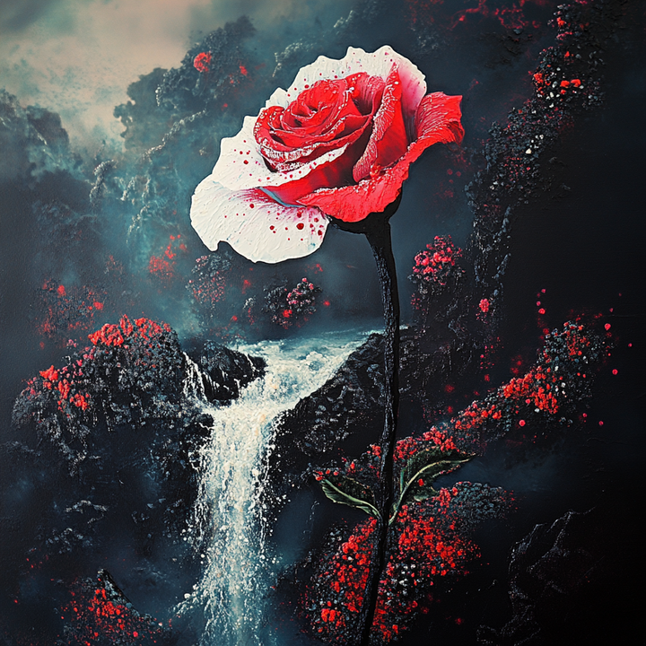 rote und weisse rose vor dunklem wasserfall mit leuchtenden akzenten
