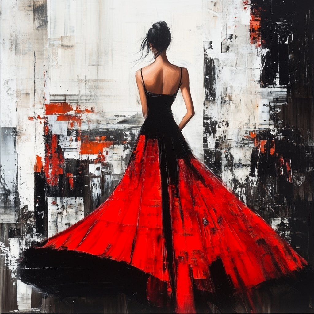 Abstraktes Gemälde einer Frau in einem schwarzen und roten Kleid, die sich von hinten zeigt; dynamische Pinselstriche in Rot, Schwarz und Weiß verleihen dem Bild Energie und Eleganz.
