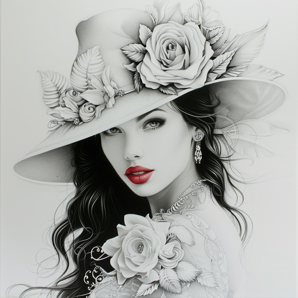 Elegantes Porträt einer Frau mit Hut und Rosen, monochrom in Schwarzweiß mit leuchtend roten Lippen – Symbol für Anmut, Stärke und zeitlose Schönheit.

